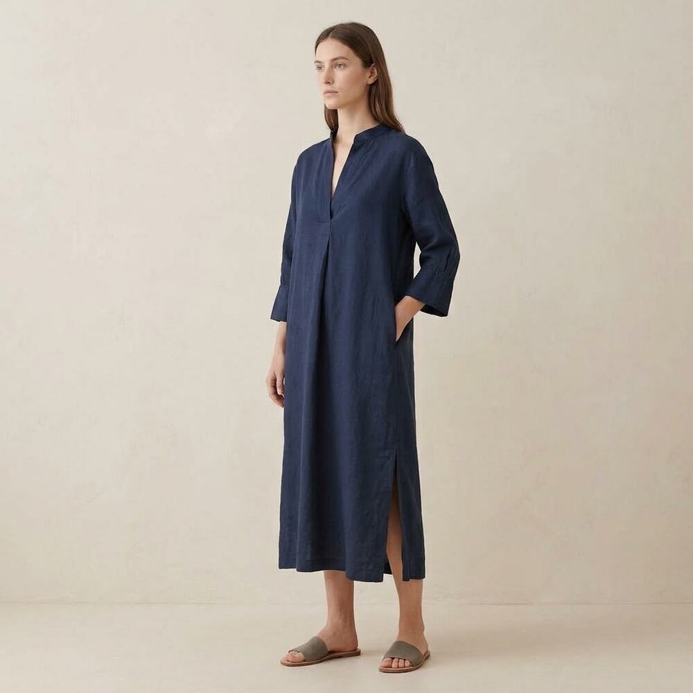 Vince Navy Blue Linen Blend Split Neck Tunic Midi Dress Pockets Small Relaxed